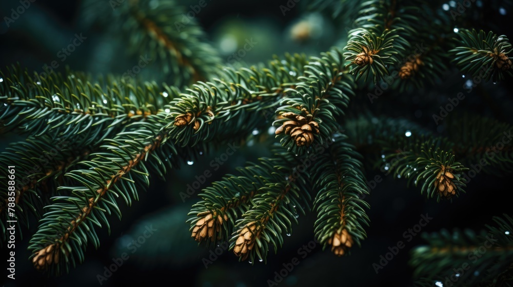 Evergreen Spruce Branches with Pine Cones in Lush Forest Evergreen Spruce Branches with Pine Cones in Lush Forest