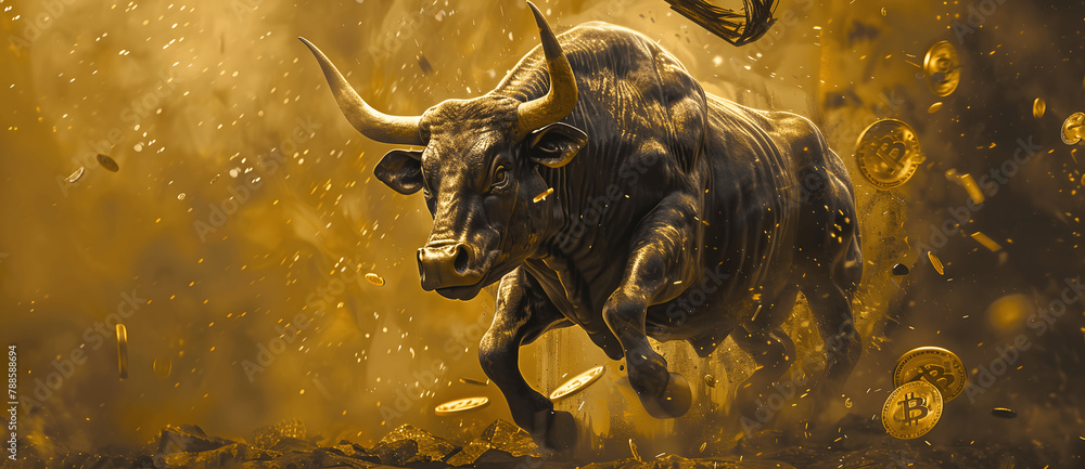 a running bull with bitcoin symbol around it wallpaper for web banner copy space
