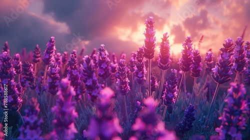 Beautiful field of purple flowers under a dramatic cloudy sky. Suitable for nature and landscape themes