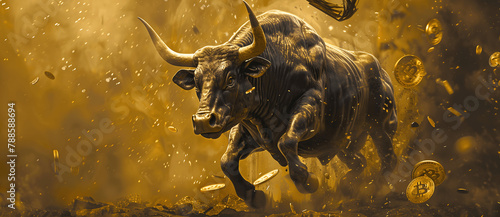 Obraz na płótnie a running bull with bitcoin symbol around it wallpaper for web banner copy space w salonie
