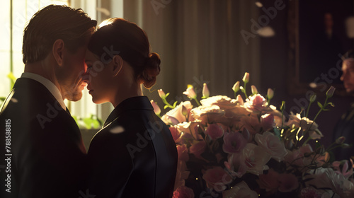 Intimate Moment at Funeral with Floral Tribute. A couple in mourning embraces intimately, surrounded by soft light and flowers.