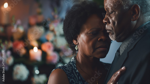 A close-up of an elderly couple in a heartfelt embrace, their expressions etched with sorrow against a backdrop of soft candlelight and floral arrangements photo