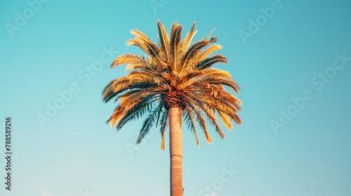 A single palm tree with a clear blue sky in the background. Suitable for travel and vacation concepts © Fotograf