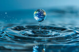 Generate an image of a droplet of water morphing into a globe, illustrating how every drop counts in protecting our planet's precious water resources