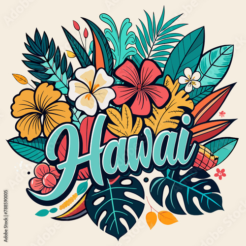 word hawaii on Floral Bouquet Vector Pattern Illustration with Abstract Design Elements