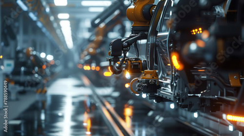 Automated robot arm operates along an assembly line, manufacturing high-tech green energy electric vehicles. automatic construction, building, welding, and industrial production conveyor systems.
