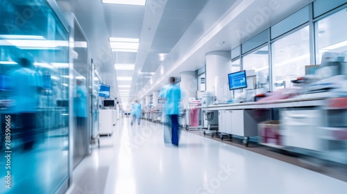 Blurred motion of busy hospital corridor