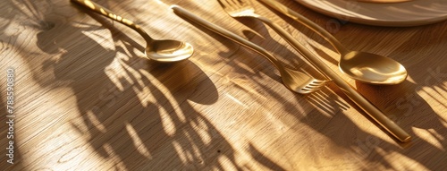 golden cutlery on a modern oak wood table, captured with a macro zoom lens to magnify the intricate textures and reflections.