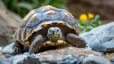tortoise slowly exploring a rock garden, captured with the factual depth of Documentary Photography