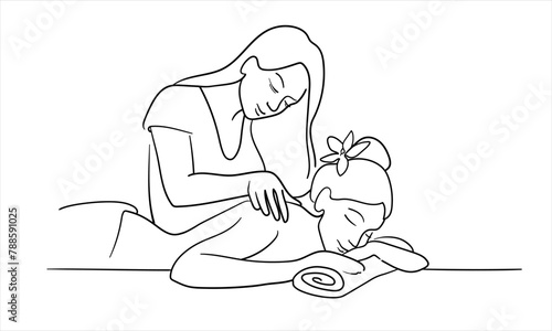 Girl giving massage isolated on white background. Relax line art drawing. Vector illustration
