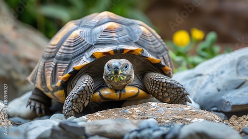 tortoise slowly exploring a rock garden, captured with the factual depth of Documentary Photography photo