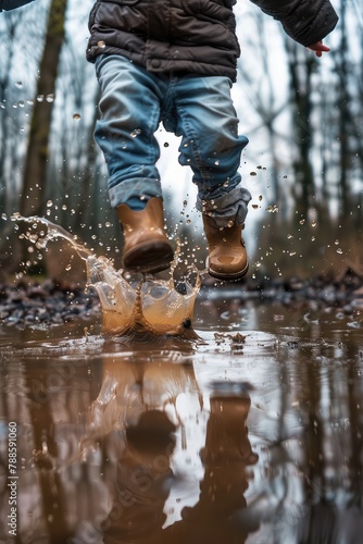 A child jumps in puddles. Selective focus.