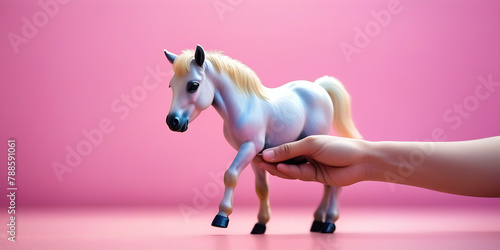 mini horse hold one hand   pink blur background