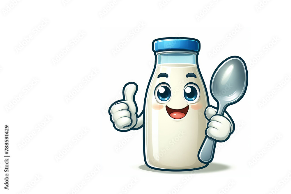 a cartoon bottle of milk holding a spoon in left hand, light smiling, big eyes, animated still, high key, - obrazy, fototapety, plakaty 