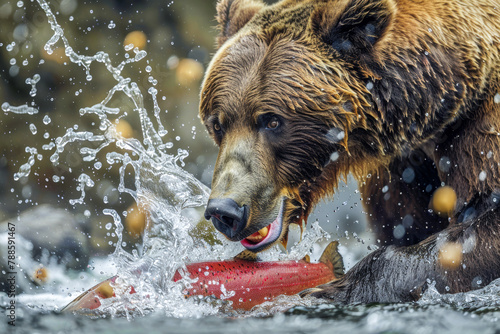 Brown bear catching a salmon in a river, splashing water around in a dynamic display of wilderness survival.