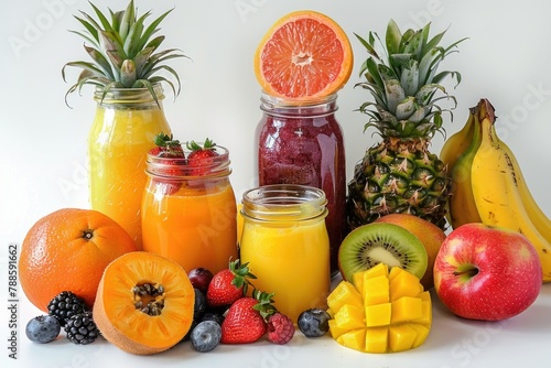 Fresh fruits and colorful juices on a table, perfect for healthy lifestyle concepts