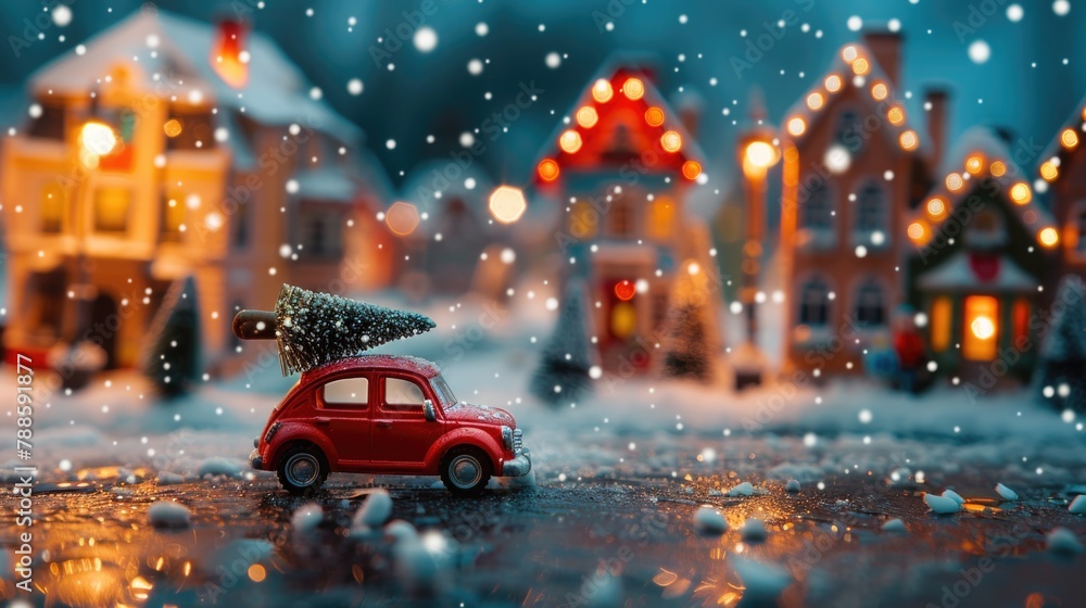 Toy car with a Christmas tree on top, perfect for holiday designs