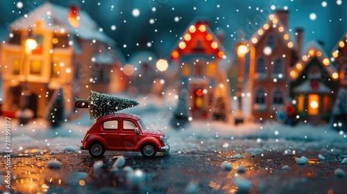 Toy car with a Christmas tree on top  perfect for holiday designs