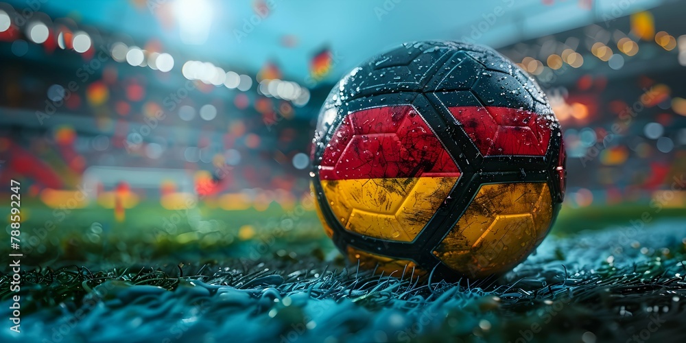 Fototapeta premium Close up of football ball in black,red,yellow, german flag colors on the grass of stadium field background. Football europe championship in Germany wide banner concept with copy space.