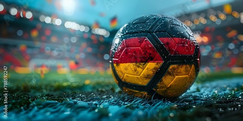 Close up of football ball in black,red,yellow, german flag colors on the grass of stadium field background. Football europe championship in Germany wide banner concept with copy space.