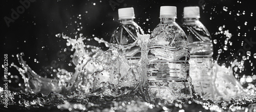 Three bottles of water splashing on a table. Suitable for hydration or refreshment concepts