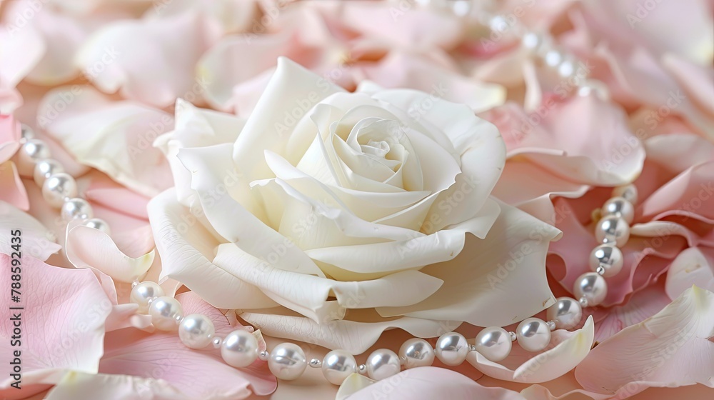 Enhance your special occasions with this exquisite white rose and pearl necklace set against a backdrop of delicate petals Perfect for adding a touch of elegance to your wedding birthday Va Enhance your special occasions with this exquisite white rose and pearl necklace set against a backdrop of delicate petals Perfect for adding a touch of elegance to your wedding birthday Va