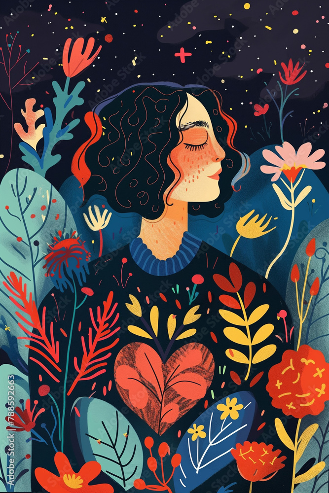 Fototapeta premium abstract illustration of person among the flowers at night - generative ai