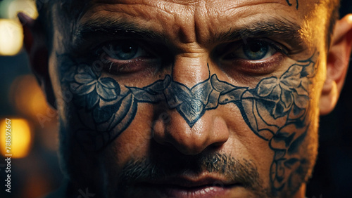  sports man's face with floral tatoo in his face