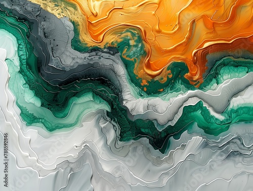 Earthy tones with gold veins in marble, green, orange abstract painting, dynamic motion 