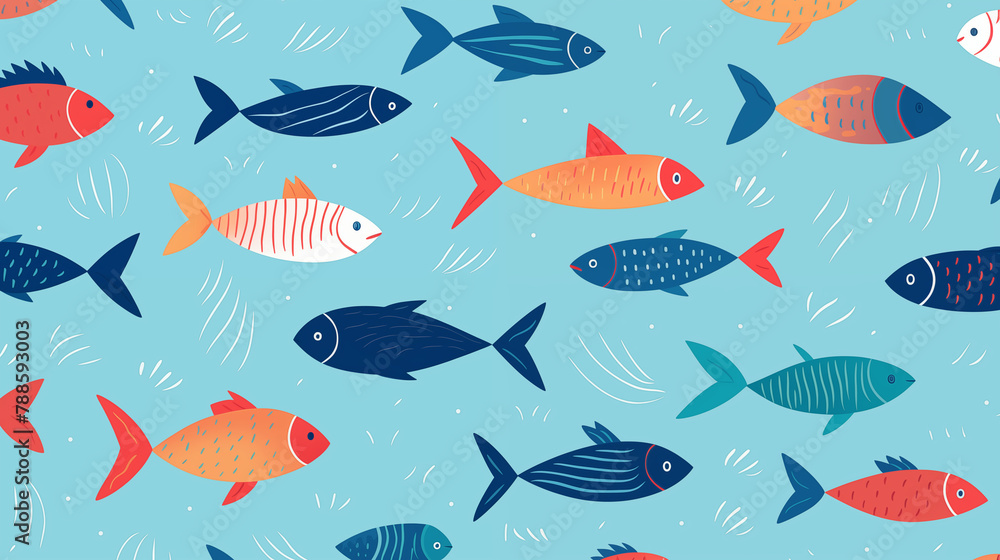 Illustration de poissons. Animal, océan et mer. Poisson coloré, fond marin. Écaille, nageoire, branchie. Fond pour conception et création graphique. 