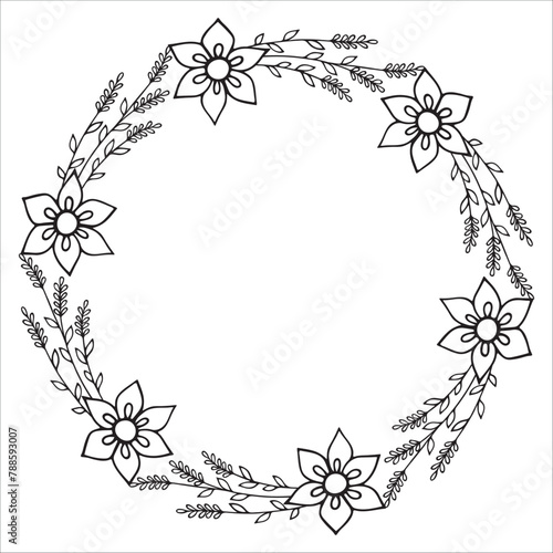 Floral wreath isolated on white background. Round frame with flowers. Vector hand-drawn illustration in doodle style. Perfect for cards, invitations, decorations, logo, various designs.