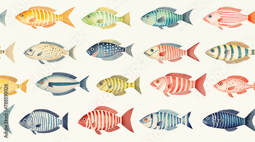 Illustration de poissons. Animal, océan et mer. Poisson coloré, fond marin. Écaille, nageoire, branchie. Fond pour conception et création graphique. 