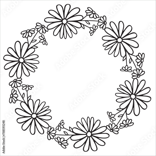 Chamomile wreath . Floral round frame. Vector illustration with place for text. Invitation, Black linear drawing on white background