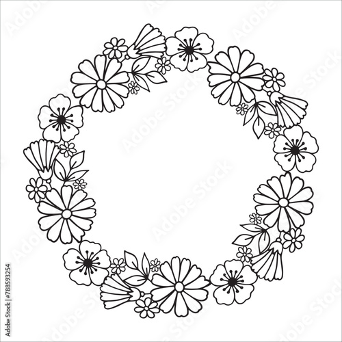 Floral wreath isolated on white background. Round frame with flowers. Vector hand-drawn illustration in doodle style. Perfect for cards, invitations, decorations, logo, various designs.