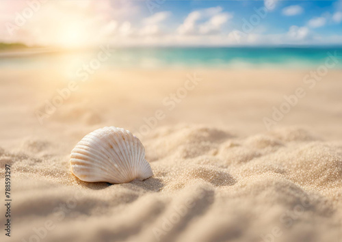 Banner abstract sand beach with shell. blurred of tropical beach with palm tree calm sea and sky. summer vacation background concept 