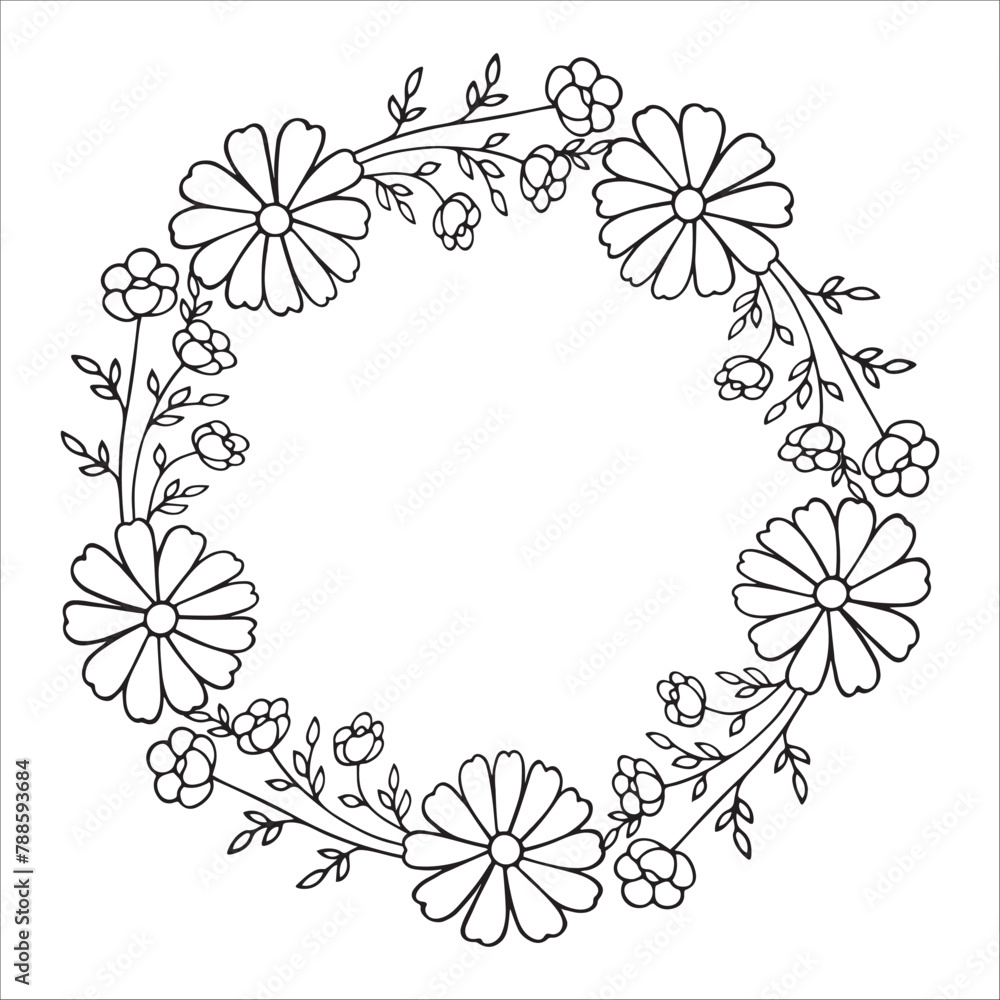 Floral wreath isolated on white background. Round frame with flowers. Vector hand-drawn illustration in doodle style. Perfect for cards, invitations, decorations, logo, various designs.