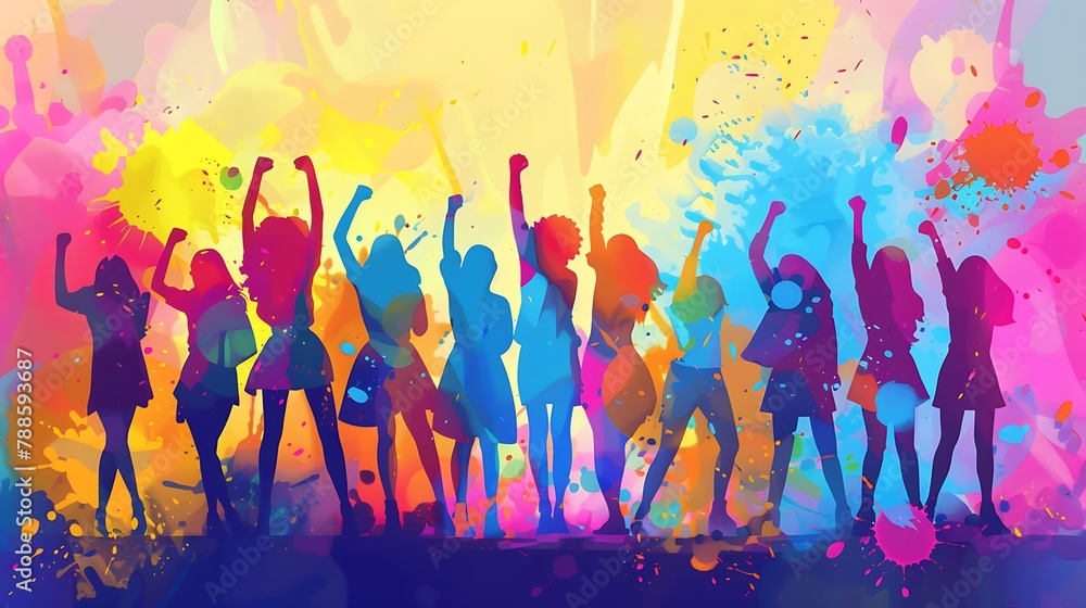 A vibrant digital illustration of women's day, showcasing diverse female figures standing together with raised fists in celebration and power., colorful background, colorful splashes A vibrant digital illustration of women's day, showcasing diverse female figures standing together with raised fists in celebration and power., colorful background, colorful splashes