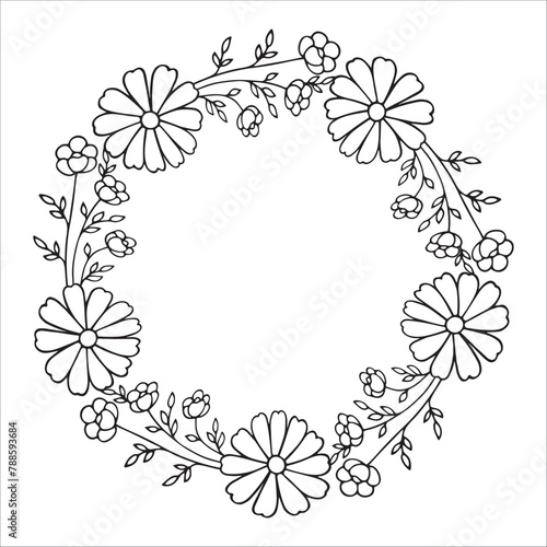 Floral wreath isolated on white background. Round frame with flowers. Vector hand-drawn illustration in doodle style. Perfect for cards, invitations, decorations, logo, various designs.
