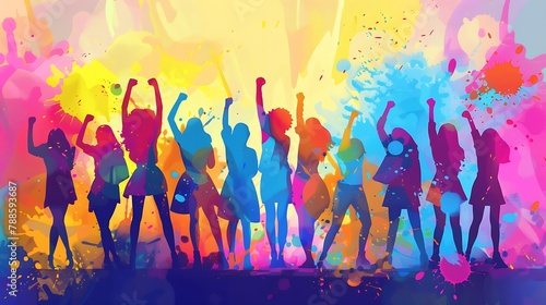 A vibrant digital illustration of women's day, showcasing diverse female figures standing together with raised fists in celebration and power., colorful background, colorful splashes