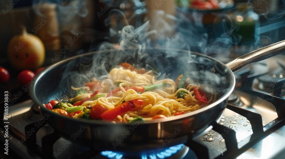 A frying pan filled with delicious noodles and colorful vegetables. Perfect for food and cooking concepts A frying pan filled with delicious noodles and colorful vegetables. Perfect for food and cooking concepts