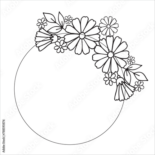 Floral round frame. Minimalistic botanical borders with plant branches.  Vector illustration with place for text. Black linear drawing on white background