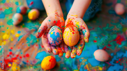 Easter eggs in the hands of a child in his hands. selective focus.