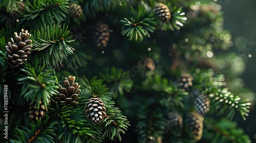 Detailed view of a pine tree with cones  perfect for nature themes