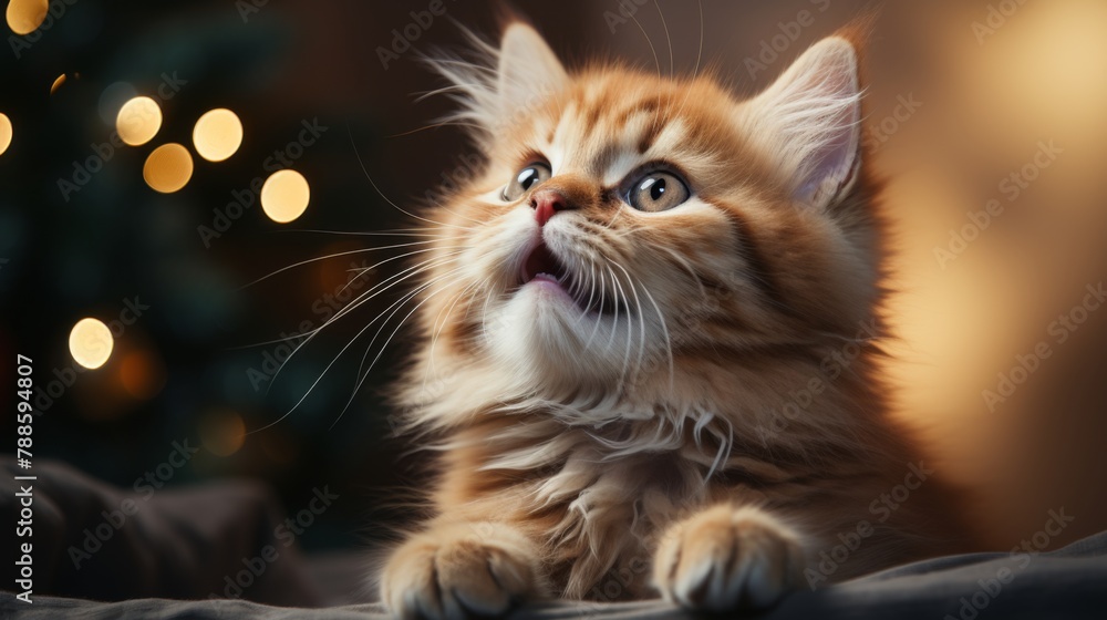 Fluffy kitten yawning with light bokeh