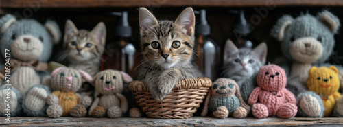 Basket full of pet toys, cats and dogs, on a wooden background with bottles of shampoo for pets. A cute cat is sitting in front of it looking at the camera, while other animals sit behind him