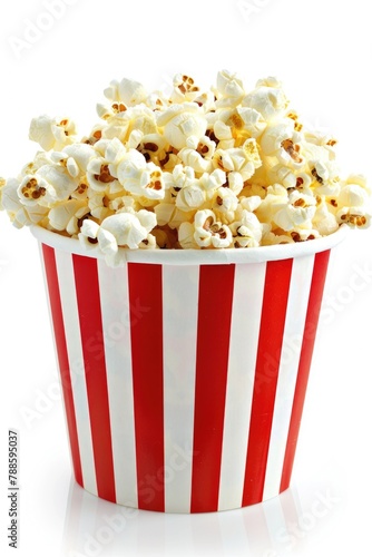 A red and white striped bowl filled with popcorn. Great for food and snack concepts