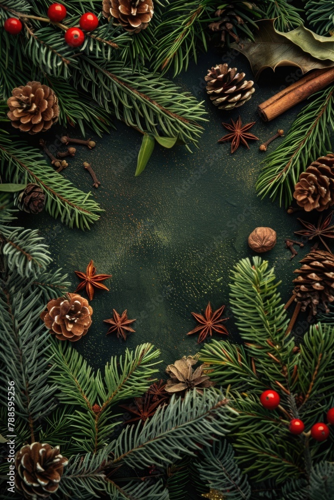 A beautiful Christmas wreath adorned with pine cones, cinnamons, and cinnamon sticks. Perfect for holiday decorations A beautiful Christmas wreath adorned with pine cones, cinnamons, and cinnamon sticks. Perfect for holiday decorations