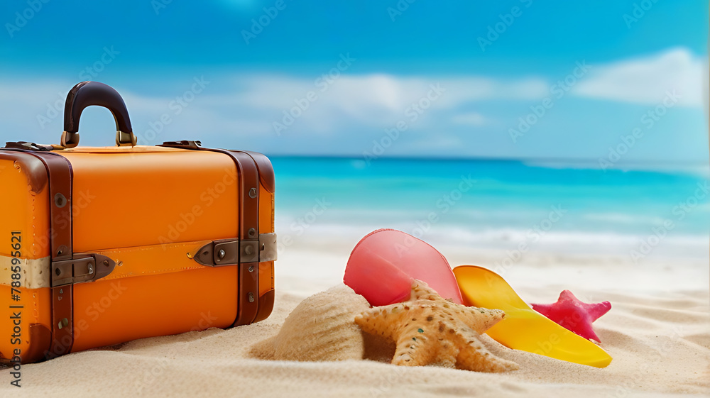 Summer vacation travel trip Suitcase bag planned concepts background, Holiday event theme around bag, beautiful nature sand, sunlight, ocean water in background, summer