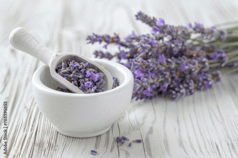 Lavender flowers in a white bowl with a wooden spoon. Ideal for aromatherapy or natural skincare concepts Lavender flowers in a white bowl with a wooden spoon. Ideal for aromatherapy or natural skincare concepts
