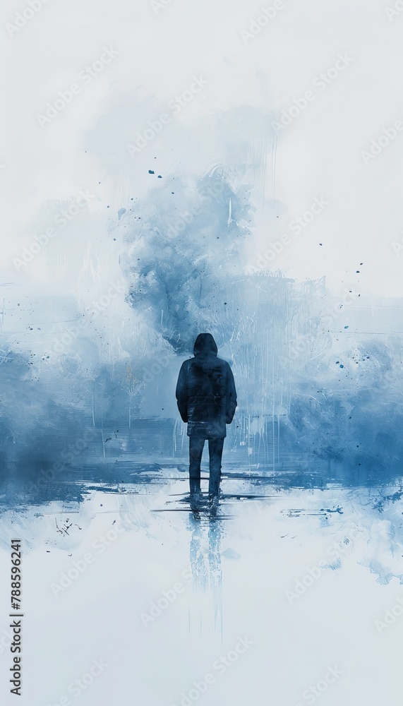 Obraz premium A lone figure in a vast sea of baby blue and white symbolizes loss in a simple, abstract digital artwork. The empty space reflects unspoken tragedies.